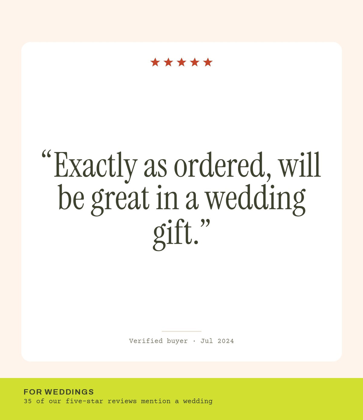 Verified buyer review: Exactly as ordered, will be great in a wedding gift.