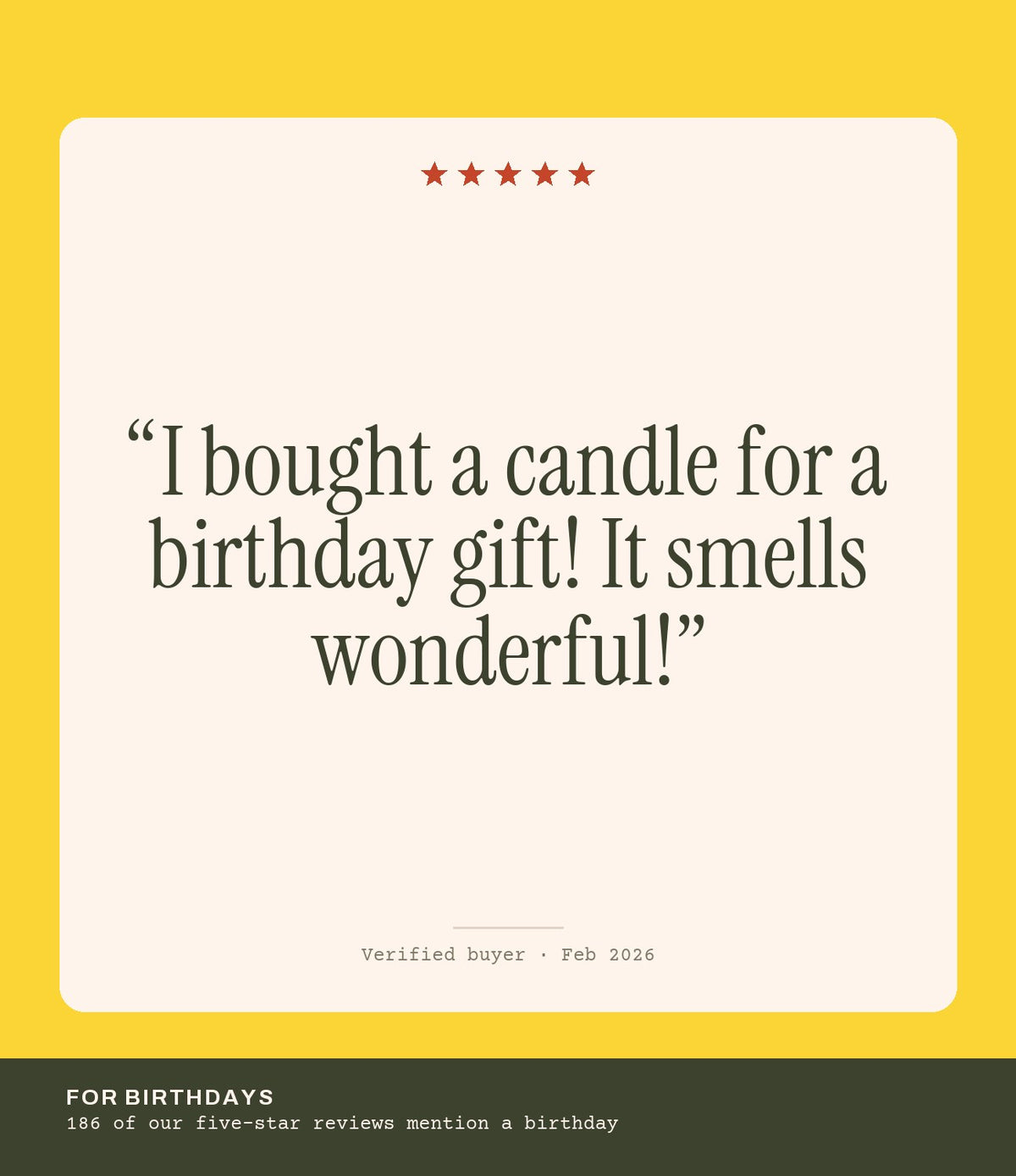 Verified buyer review: I bought a candle for a birthday gift! It smells wonderful!