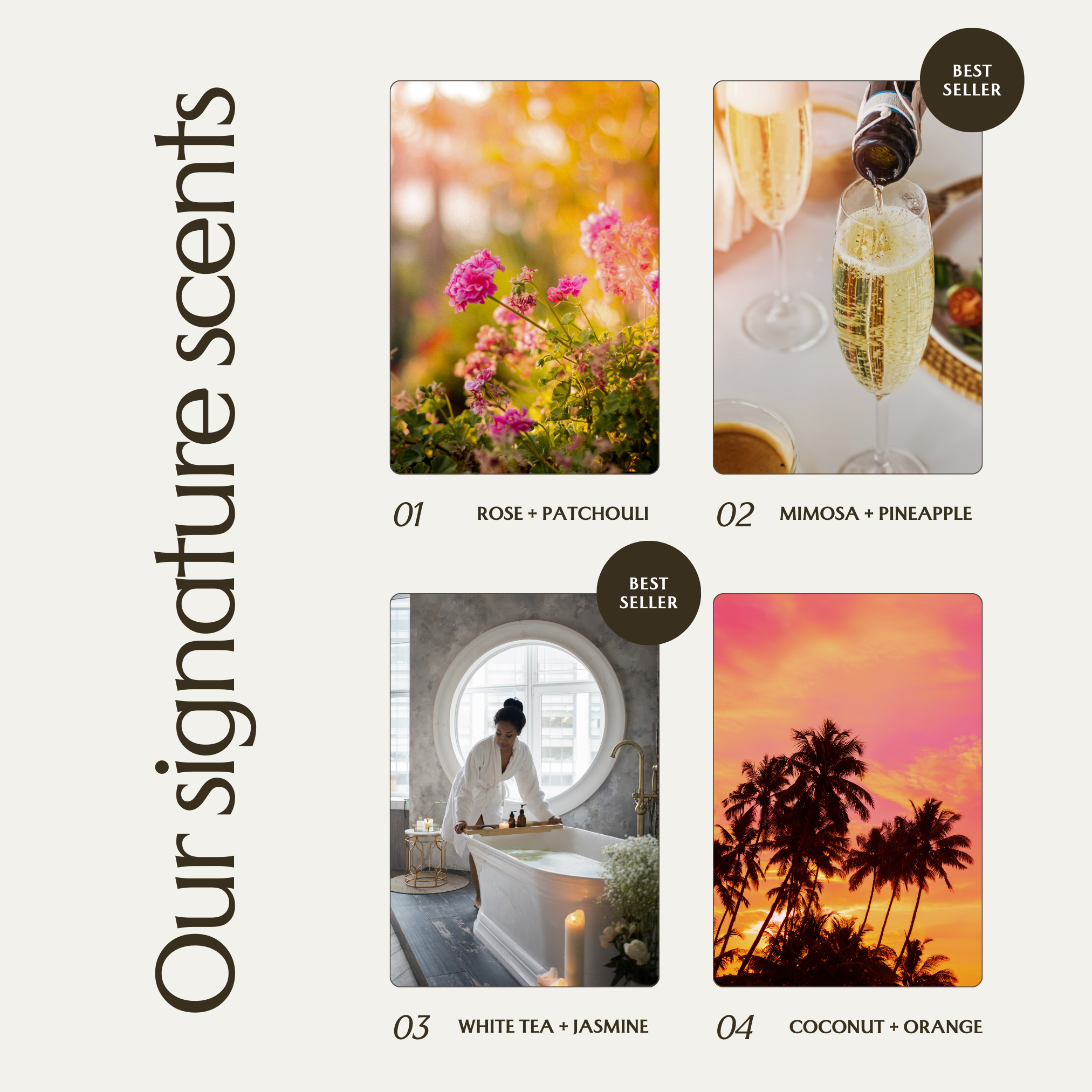 The image is a collage of four different images, each depicting a different scent or product. The first image shows a rose and patchouli, the second image displays a mimosa and pineapple, the third image features a white tea with jasmine, and the fourth image shows a coconut and orange.