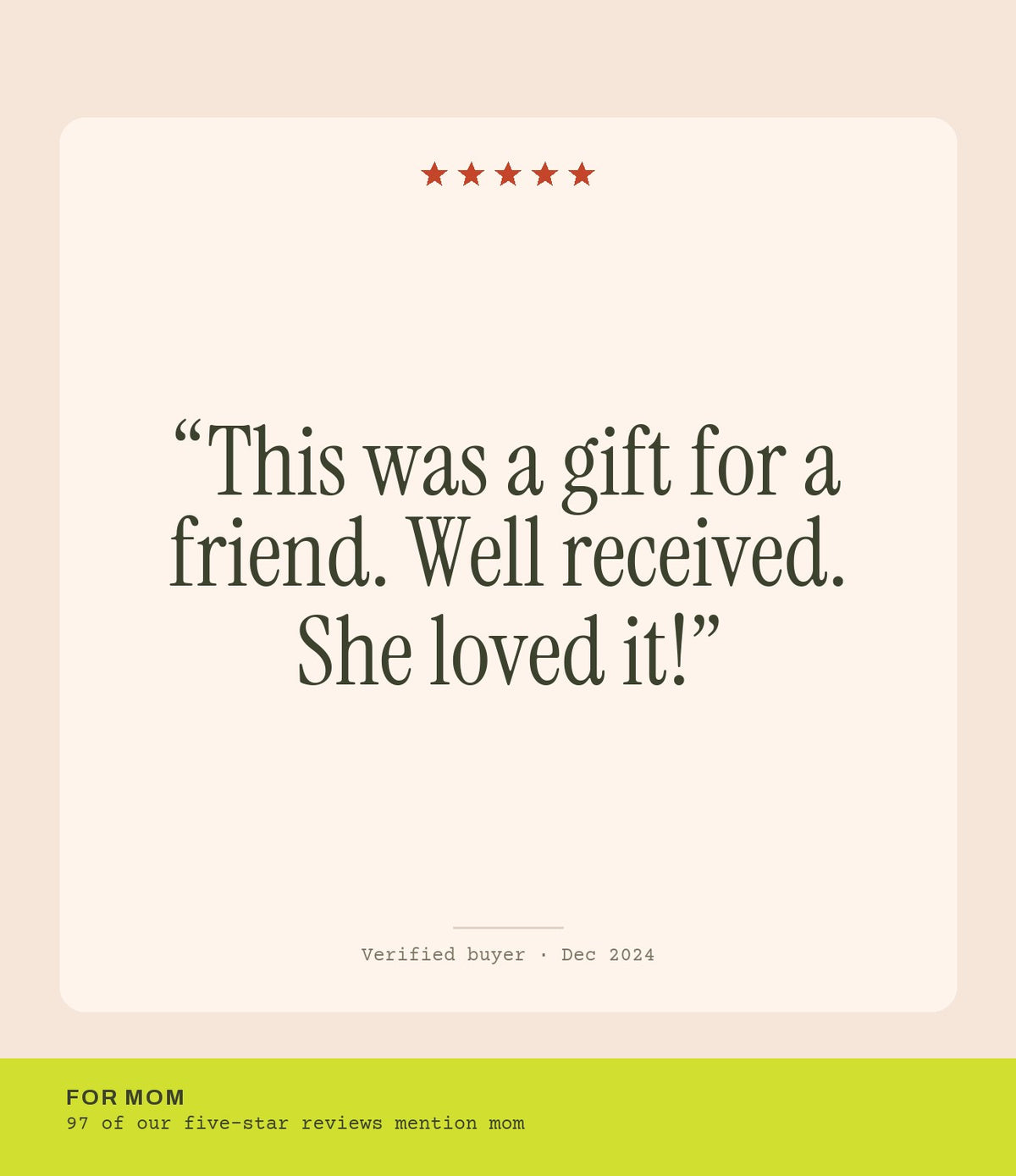 Verified buyer review: This was a gift for a friend. Well received. She loved it!