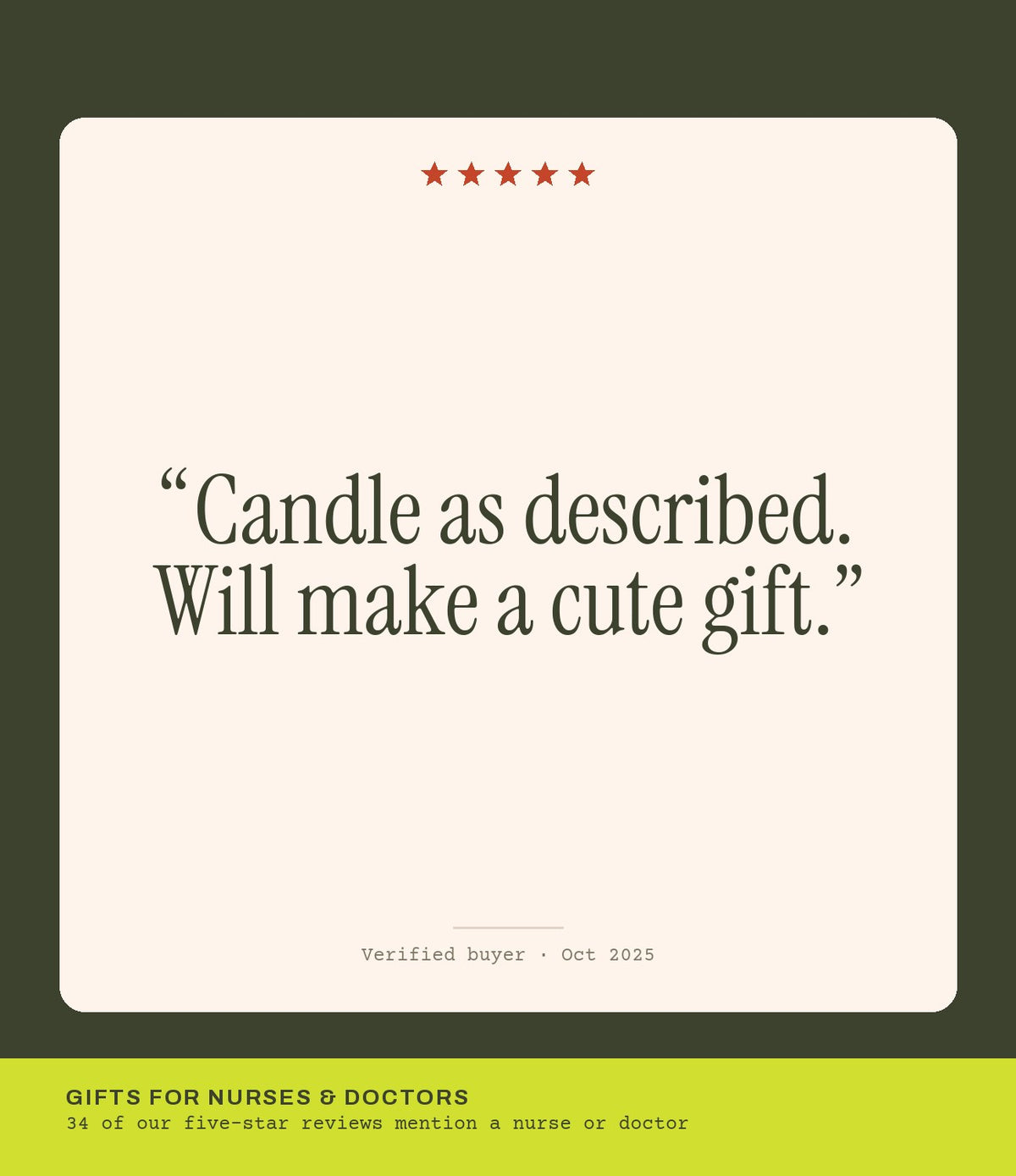 Verified buyer review: Candle as described. Will make a cute gift.