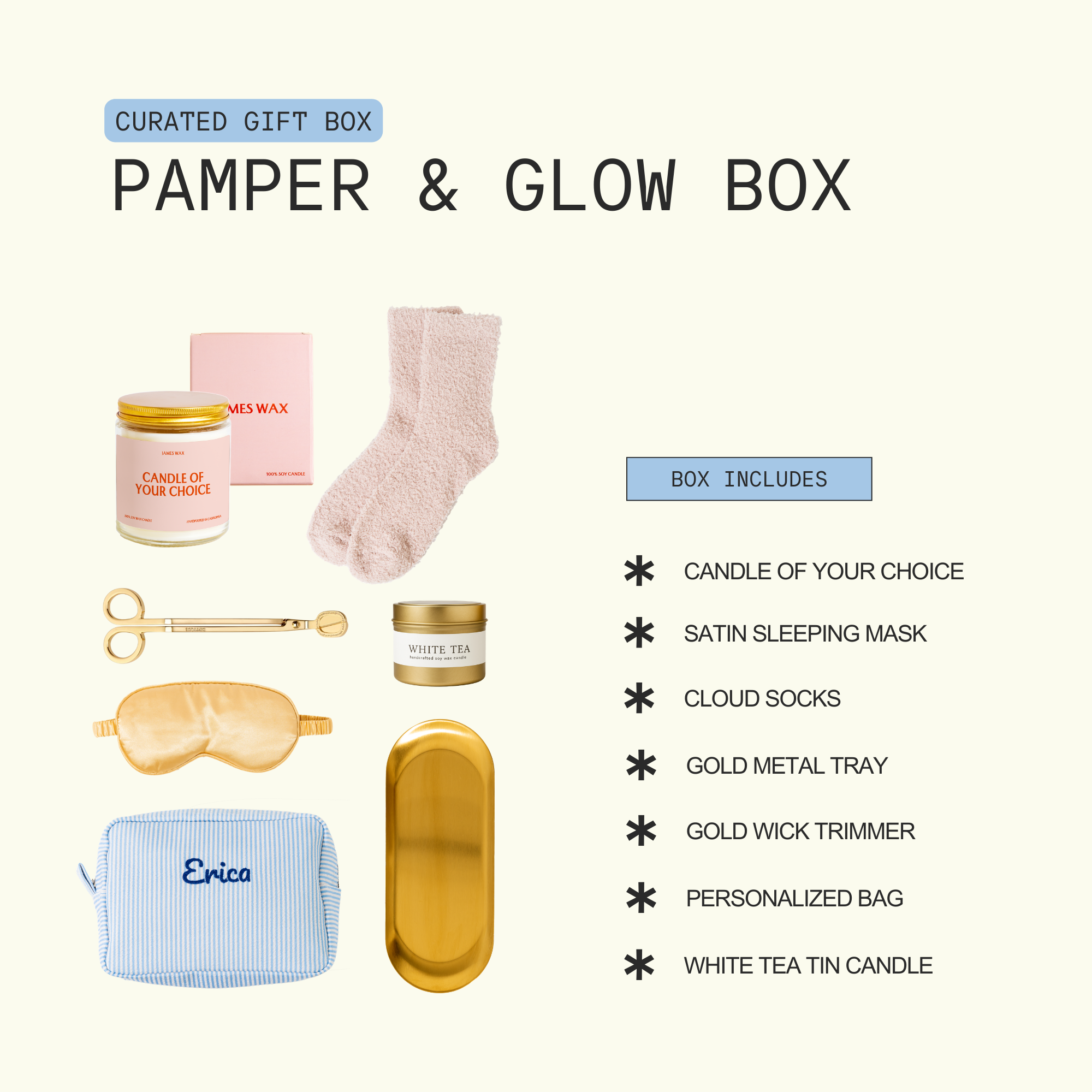 The image is a curated gift box containing various beauty and personal care items, including a candle, a pair of fuzzy socks, a satin sleeping mask, a pair of gold metal trays, a gold wick trimmer, a personalized bag, and a white tea candle.